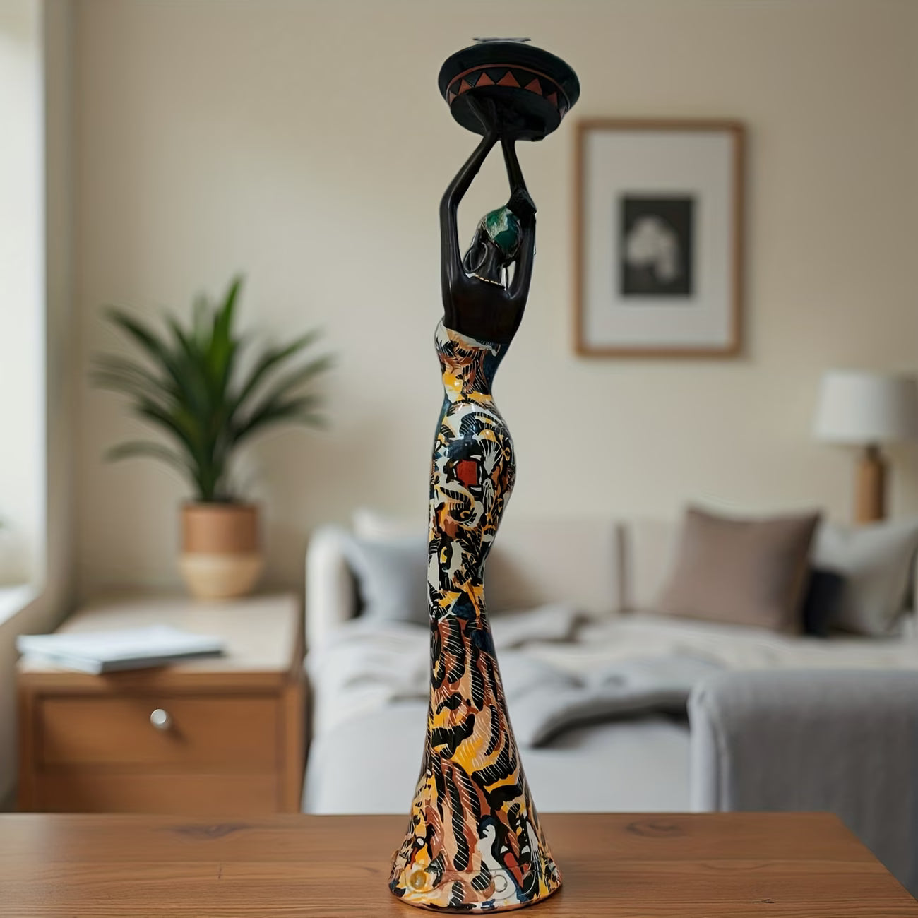 Afrikaanse Stamvrouw Decoratie Beeldje (Handgeschilderde Hars Sculptuur)