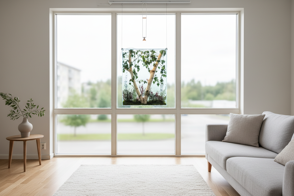 Forest Window Panel No. 2 — hangend aan kabelophang systeem voor groot raam