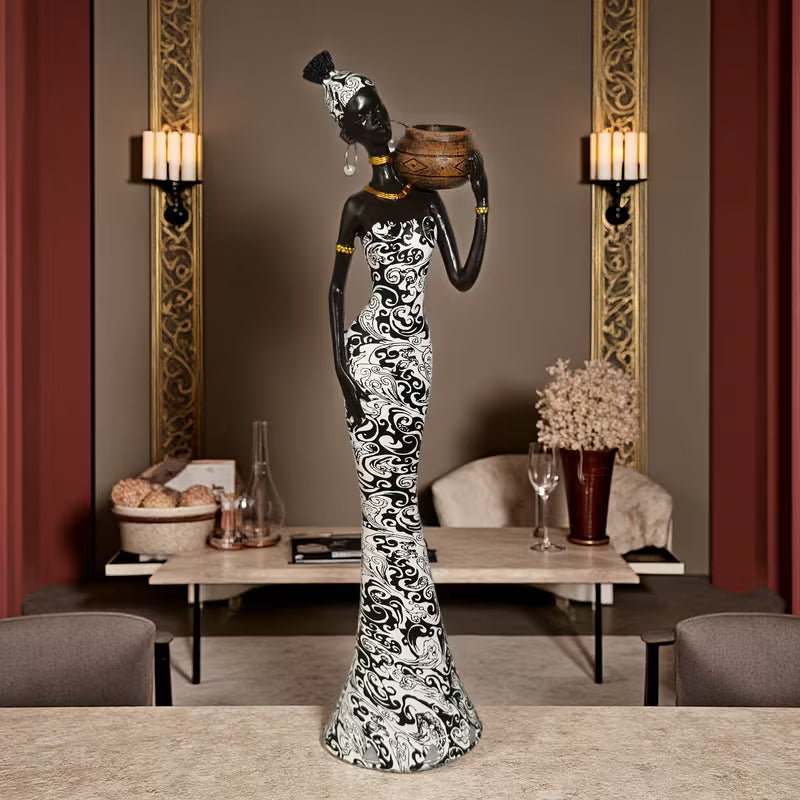 Afrikaanse Stamvrouw Decoratie Beeldje (Handgeschilderde Hars Sculptuur)