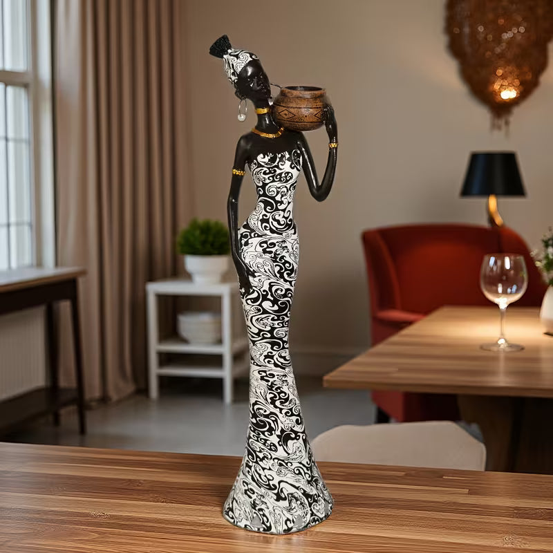 Afrikaanse Stamvrouw Decoratie Beeldje (Handgeschilderde Hars Sculptuur)