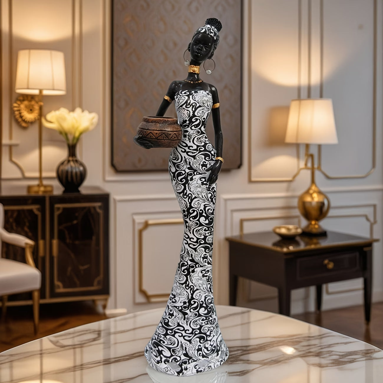 Afrikaanse Stamvrouw Decoratie Beeldje (Handgeschilderde Hars Sculptuur)