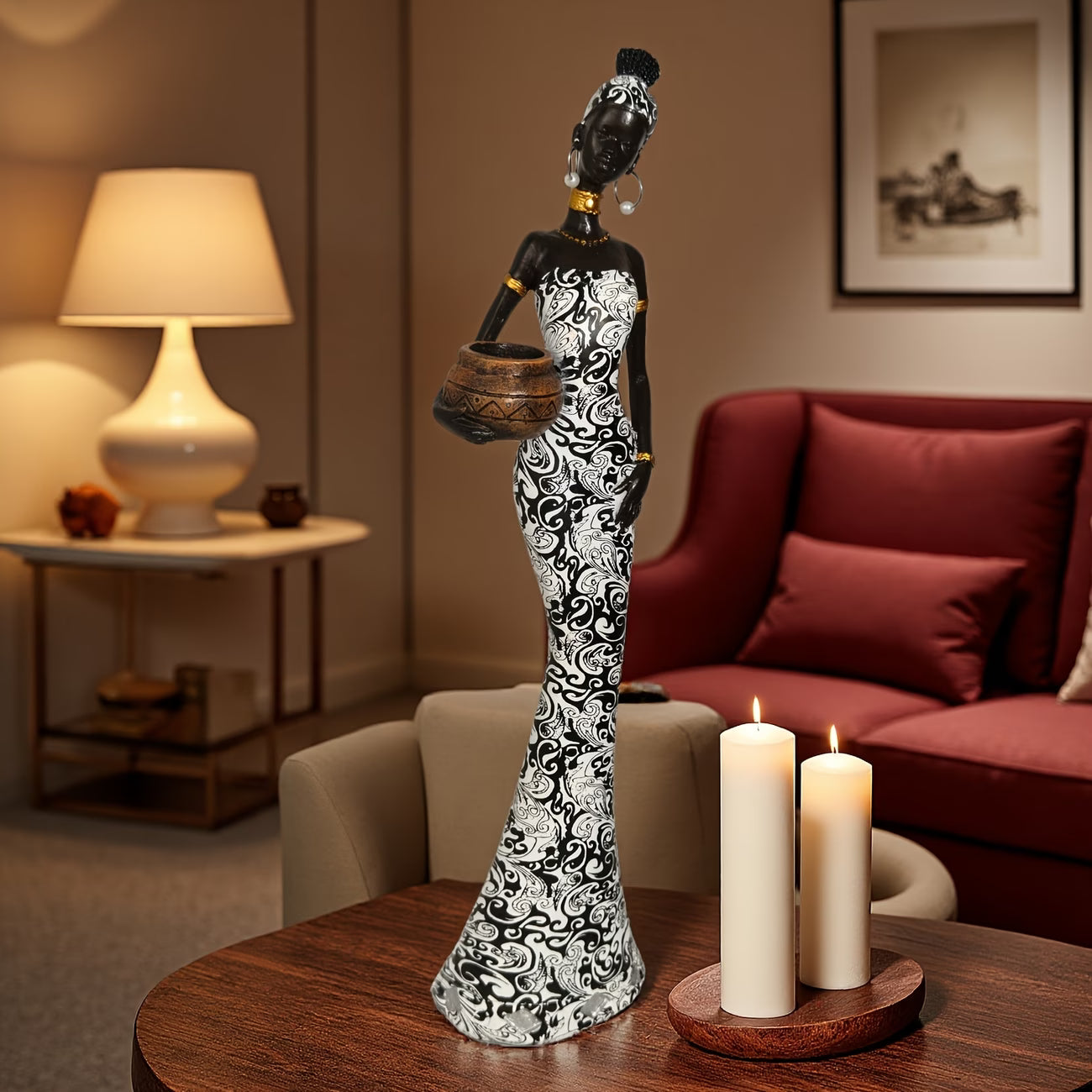 Afrikaanse Stamvrouw Decoratie Beeldje (Handgeschilderde Hars Sculptuur)
